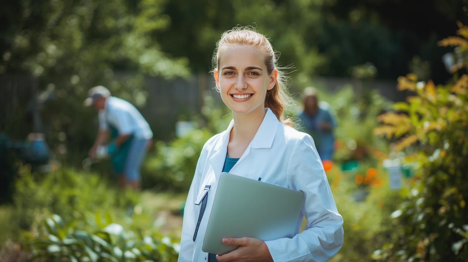 Smiling scientist outdoors surrounded by greenery, blending environmental care with light scientific activity.
