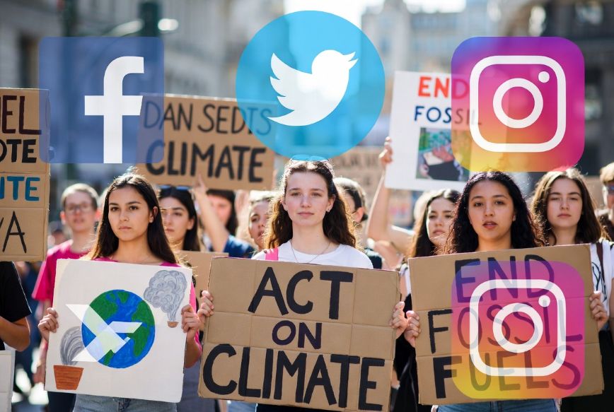 Climate protest with young activists holding signs, social media icons overlay