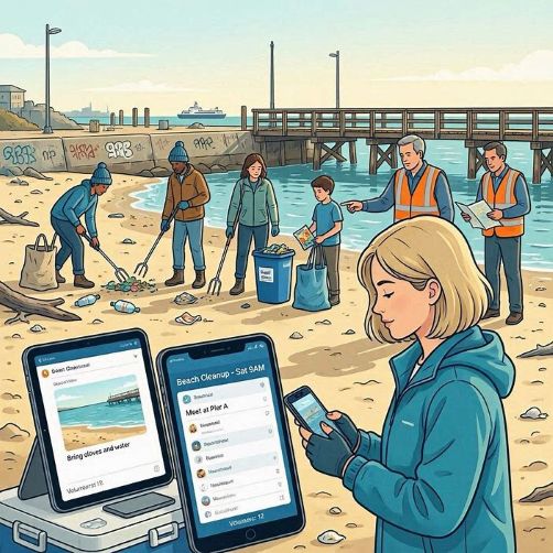 volunteers organizing a beach cleanup