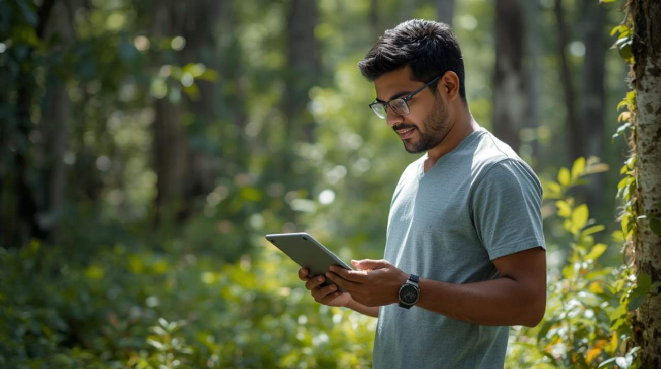 Environmental researcher shares sustainable knowledge through technology in a natural outdoor setting today.